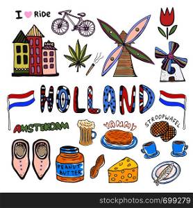 Doodle hand sketch collection of Holland icons. Netherlands culture elements for design. Vector colorful illustrations.. Doodle hand sketch collection of Holland icons. Netherlands culture elements for design. Vector colorful illustrations