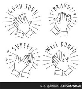 Doodle hands claps sketch. Doodle hands claps. Hand drawn applauding clapping hands isolated on white background, winner applause sketch vector illustration