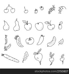 Doodle harvest vegetables and fruits contour icons collection. Perfect for poster, stickers and print. Hand drawn vector illustration for decor and design.
