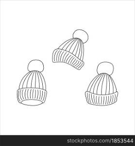 Doodle hat with pompom design. Winter vector illustration isolated on white background.