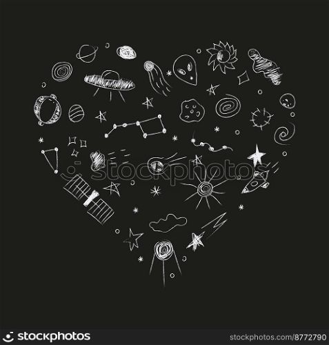 Doodle heart-shaped cosmos illustration set in childish style, design clipart. Hand drawn abstract space elements. Black and white.  Vector line print, banner, poster.