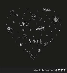 Doodle heart-shaped cosmos illustration set in childish style with lettering, design clipart. Hand drawn abstract space elements. Black and white.   Vector line print, banner, poster.