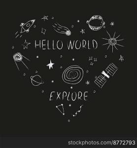 Doodle heart-shaped cosmos illustration set in childish style with lettering, design clipart. Hand drawn abstract space elements. Black and white.   Vector line print, banner, poster.