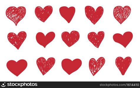 Doodle hearts. Hand drawn red symbols. Isolated painted over or shaded shapes. Flat style pencil sketch for decoration Valentine greeting cards. Minimalist signs on white background, vector set. Doodle hearts. Hand drawn red symbols. Isolated painted over or shaded shapes. Pencil sketch for decoration Valentine greeting cards. Minimalist signs on white background, vector set