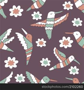 Doodle hummingbirds and flowers summer seamless pattern. Perfect for T-shirt, textile and print. Hand drawn vector illustration for decor and design.