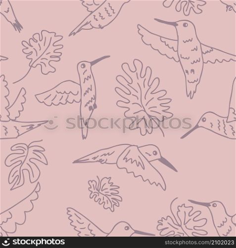 Doodle hummingbirds and leaves seamless pattern. Perfect for T-shirt, textile and print. Hand drawn vector illustration for decor and design.