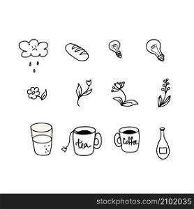 Doodle icon collection of drink more water theme. Perfect for stickers, posters and print. Hand drawn vector illustration for decor and design.