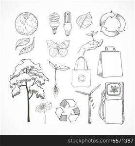 Doodle icons set ecology and environment with decorative elements isolated vector illustration