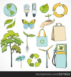Doodle icons set ecology and environment with plant tree hand butterfly and flower decorative elements isolated vector illustration