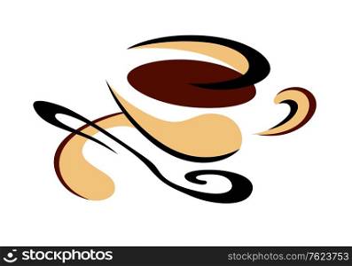 Doodle illustration in shades of brown and black on white of a cup of freshly brewed full roast espresso coffee