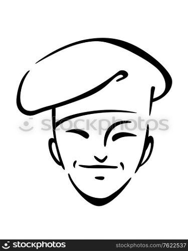 Doodle illustration of a chinese smiling friendly chef in a traditiopnal hat or toque