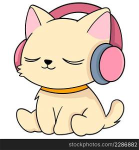 doodle illustration of a cute cartoon animal, a yellow cat sitting wearing headphones listening to music