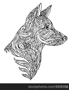 Doodle illustration of a dog head with a tribal pattern. New Year of Dog. Vector element for tattoos, printing on t-shirts, postcards and your design. Doodle illustration of a dog head with a tribal pattern