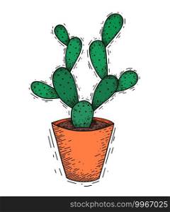 Doodle illustration of a flat cactus with thorns in a clay pot. Sketch with hatching in color. House plant for home decoration. Hand drawn careless drawing of a desert flower.. Doodle illustration of a flat cactus with thorns in a clay pot. Sketch with hatching in color. House plant for home decoration. Hand drawn careless drawing