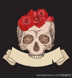 Doodle illustration of a human skull with roses and an old ribbon with a place for text for your creativity. Doodle illustration of a human skull with roses and an old ribbo