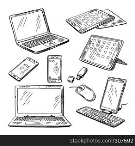 Doodle illustrations of different devices laptop, smartphone, tablet, pc and other. Vector pictures set of device laptop and smartphone. Doodle illustrations of different devices laptop, smartphone, tablet, pc and other. Vector pictures set
