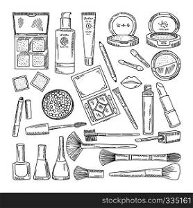 Doodle illustrations of woman cosmetics. Makeup tools for beautiful women. Fashion makeup cosmetic doodle style vector. Doodle illustrations of woman cosmetics. Makeup tools for beautiful women