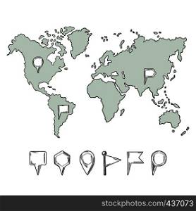 Doodle illustrations of world map with hand drawn pins. Vector pictures isolate. World map hand drawn and collection of pins. Doodle illustrations of world map with hand drawn pins. Vector pictures isolate