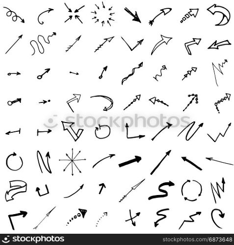 Doodle ink, hand drawn pointers, arrows and other signs. Vector image. Pointers, arrows and other signs set. Vector image in black and white. Doodle ink, hand drawn.