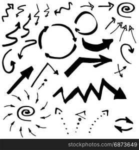 Doodle ink, hand drawn pointers, arrows and other signs. Vector image. Pointers, arrows and other signs. Vector image in black and white. Doodle ink, hand drawn.