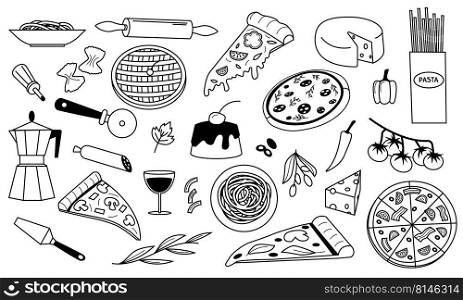 Doodle Italian food. National cuisine background with spaghetti pasta pizza and dessert, cheese tomato pepperoni olive oil ingredients. Vector set. Meals and drinks for cafe or restaurant menu. Doodle Italian food. National cuisine background with spaghetti pasta pizza and dessert, cheese tomato pepperoni olive oil ingredients. Vector set