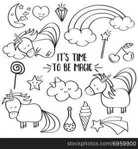 Doodle items collection with unicorns and other fantasy magical . Doodle items collection with unicorns and other fantasy magical elements. For coloring. Vector