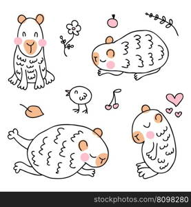 Doodle kawaii capybara collection in free hand drawn style. Perfect for tee, stickers, poster, card. Isolated vector illustration for decor and design.