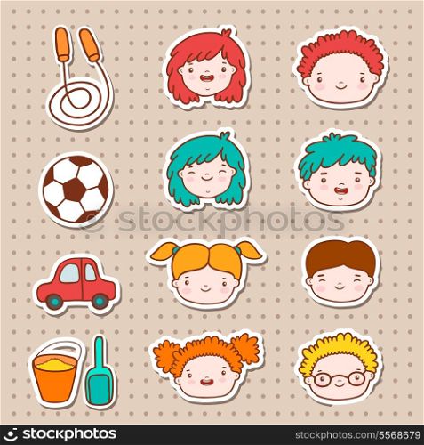 Doodle kids faces icons, stickers vector illustration.