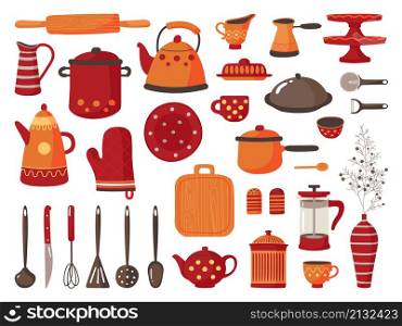 Doodle kitchen utensils. Cooking utensil, isolated sketch restaurant tools. Crockery, plates and cup. Decorative scandinavian cafe elements, classy vector set. Illustration cooking kitchenware. Doodle kitchen utensils. Cooking utensil, isolated sketch restaurant tools. Crockery, plates and cup. Decorative scandinavian cafe elements, classy vector set
