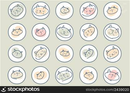 Doodle kitten story highlight icons set. Design for stickers, poster and print. Hand drawn vector illustration.