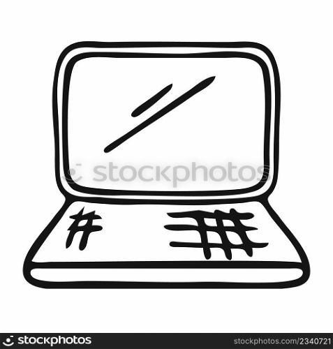 Doodle laptop. Computer drawing by hand. Vector pc icon.