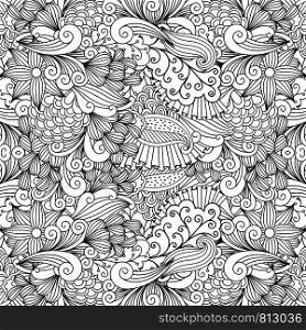 Doodle leaf and swirls zen style black and white background. Vector decorative pattern. Doodle leaf and swirls background