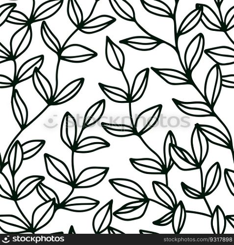 Doodle leaves seamless pattern with cute outline leaves. Vector background. Doodle dark green leaves seamless pattern with cute outline leaves. Vector background