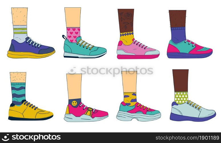 Doodle legs with shoes. Sport fashion footwear on woman&rsquo;s and man&rsquo;s feet with colored socks. Vintage cartoon casual sneakers set. Side view of stylish boots with shoelaces. Vector people wear footgear. Doodle legs with shoes. Sport fashion footwear on woman&rsquo;s and man&rsquo;s feet with colored socks. Vintage casual sneakers set. Side view of boots with shoelaces. Vector people wear footgear