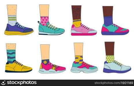 Doodle legs with shoes. Sport fashion footwear on woman&rsquo;s and man&rsquo;s feet with colored socks. Vintage cartoon casual sneakers set. Side view of stylish boots with shoelaces. Vector people wear footgear. Doodle legs with shoes. Sport fashion footwear on woman&rsquo;s and man&rsquo;s feet with colored socks. Vintage casual sneakers set. Side view of boots with shoelaces. Vector people wear footgear