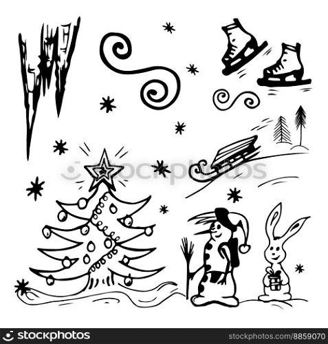 Doodle, line art Snowman, Christmas tree, hare rabbit, snowfall, snowflakes, sled, skates, slide. Vector illustration. Design for icon, stickers, Web, print, cover, banner, postcard, post, copy space. Snowman, Christmas tree, hare rabbit, snowfall, snowflakes, sled, skates, slide. Vector illustration