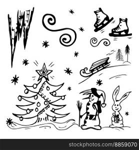 Doodle, line art Snowman, Christmas tree, hare rabbit, snowfall, snowflakes, sled, skates, slide. Vector illustration. Design for icon, stickers, Web, print, cover, banner, postcard, post, copy space. Snowman, Christmas tree, hare rabbit, snowfall, snowflakes, sled, skates, slide. Vector illustration
