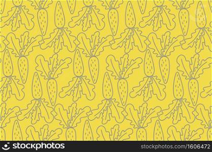 Doodle line carrots. Seamless yellow and gray pattern. Vector fashion print. Design for textile or clothes. Outline sketch. Hand drawn repeating vegetables. Natural background