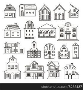 Doodle line different houses. Hand drawn house, cute simple scandinavian architect buildings. Small village home, neoteric rustic architecture set of house sketch drawing construction illustration. Doodle line different houses. Hand drawn house, cute simple scandinavian architect buildings. Small village home, neoteric rustic architecture set