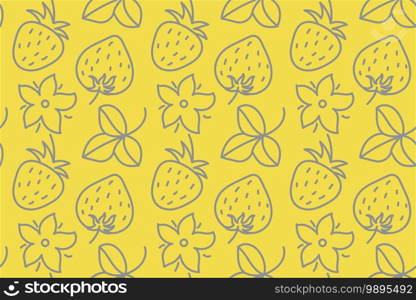 Doodle line strawberry and leaves. Seamless floral pattern. Vector leaf. Fashion dress print. Design for textile or clothes. Flowers sketch. Hand drawn natural yellow and gray background