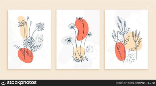 doodle line style hand drawn flowers and leaves template set