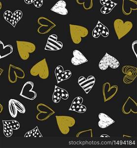 Doodle love golden heart Valentines Day seamless pattern. Textile wrapping dark holiday design. Wedding romantic sketch background.