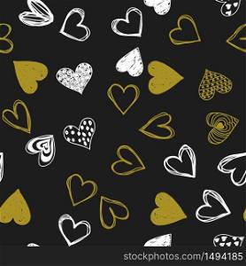 Doodle love golden heart Valentines Day seamless pattern. Textile wrapping dark holiday design. Wedding romantic sketch background.