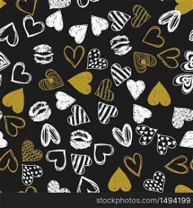 Doodle love golden heart Valentines Day seamless pattern. Textile wrapping dark holiday design. Wedding romantic sketch background.. Doodle love heart Valentines Day seamless