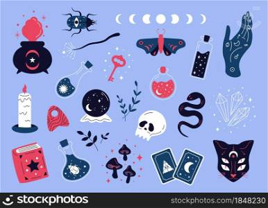 Doodle magic collection. Witchcraft cartoon elements for magic shop, esoteric symbols and occult magician equipment. Vector isolated set symbols boho stickers wizard. Doodle magic collection. Witchcraft cartoon elements for magic shop, esoteric symbols and occult magician equipment. Vector isolated set