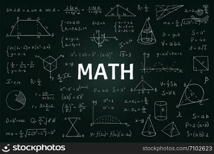 Doodle math blackboard. Mathematical theory formulas and equations, hand drawn school education graphs. Vector illustration board model with geometry signs and equations. Doodle math blackboard. Mathematical theory formulas and equations, hand drawn school education graphs. Vector geometry signs