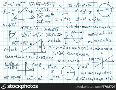 Doodle math formulas. Handwritten mathematical equations, schemes on notebook squared paper. Algebra or geometry calculations vector set. College, school or university lecture notes