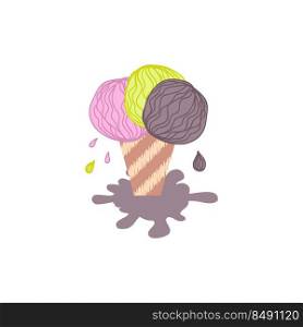 Doodle melting assorted ice cream cup with drops and puddle. Perfect print for tee, stickers, poster. Hand drawn isolated vector illustration for decor and design.