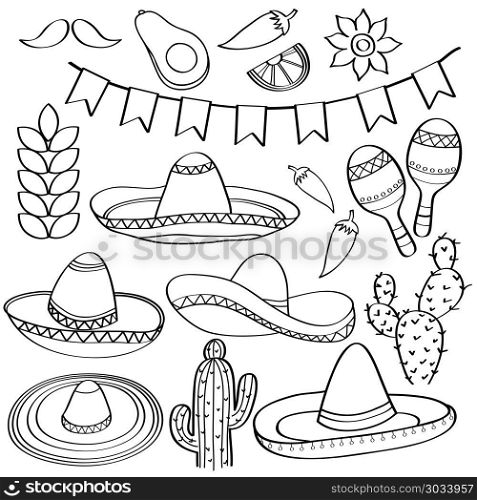 Doodle Mexico symbol collection isolated in black and white for. Doodle Mexico symbol collection isolated in black and white for coloring, vector