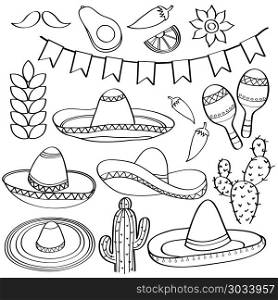 Doodle Mexico symbol collection isolated in black and white for. Doodle Mexico symbol collection isolated in black and white for coloring, vector